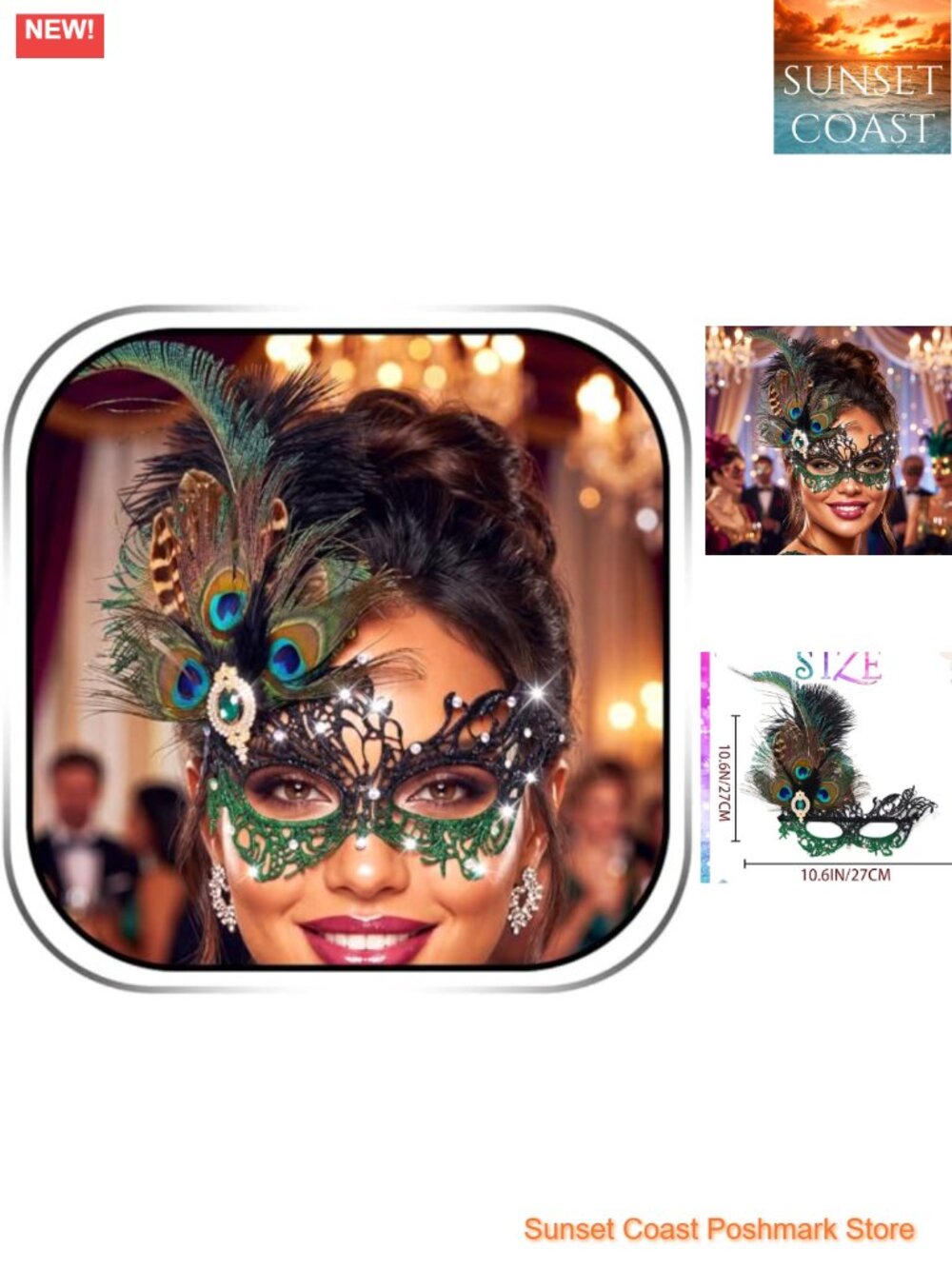 Rhinestone Masquerade Mask Lace Feather Mardi Gras Party Costume Women